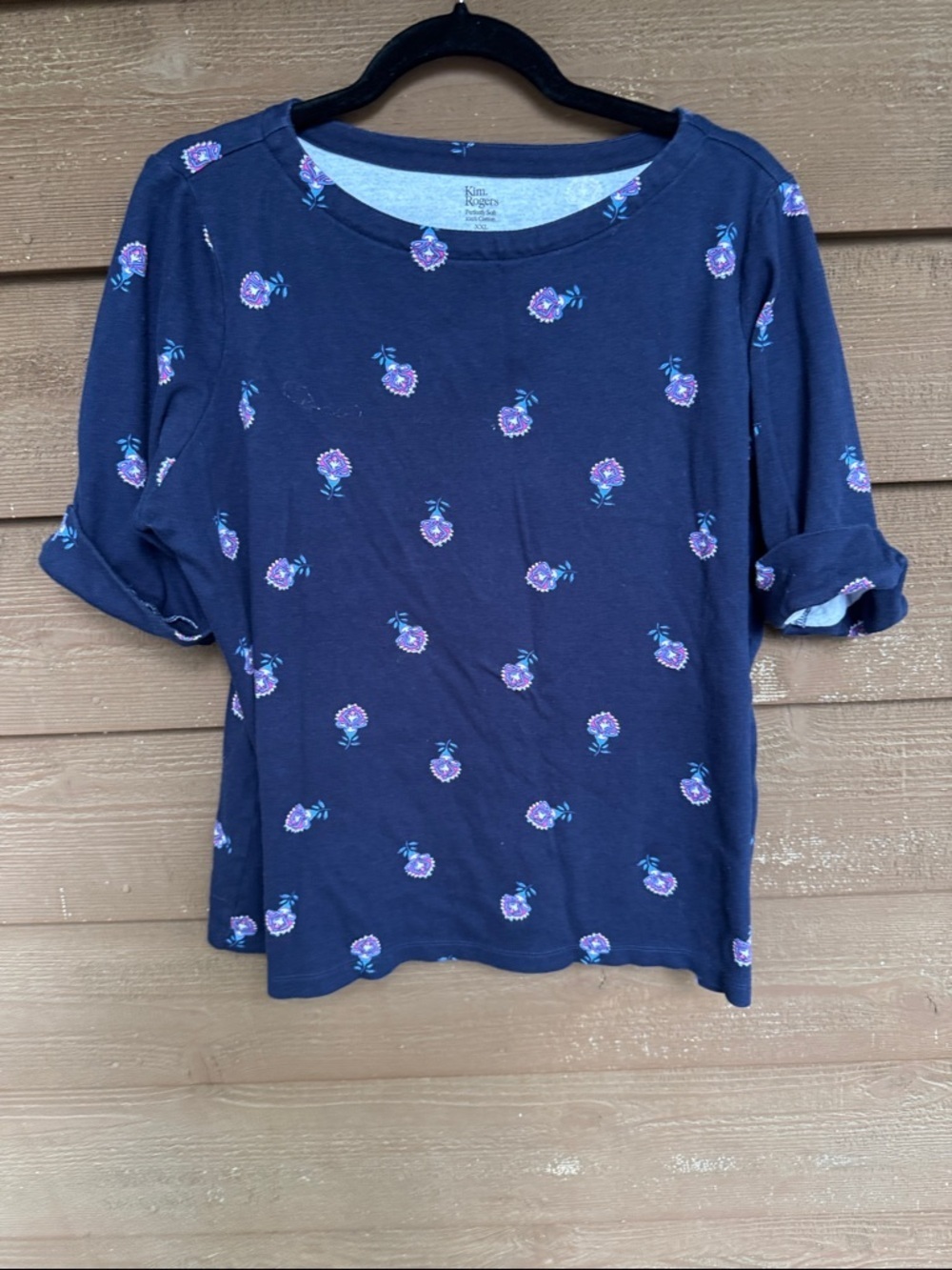 Kim Rogers Navy Perfectly Soft Short Sleeve Tee Purple Floral Print size XXL